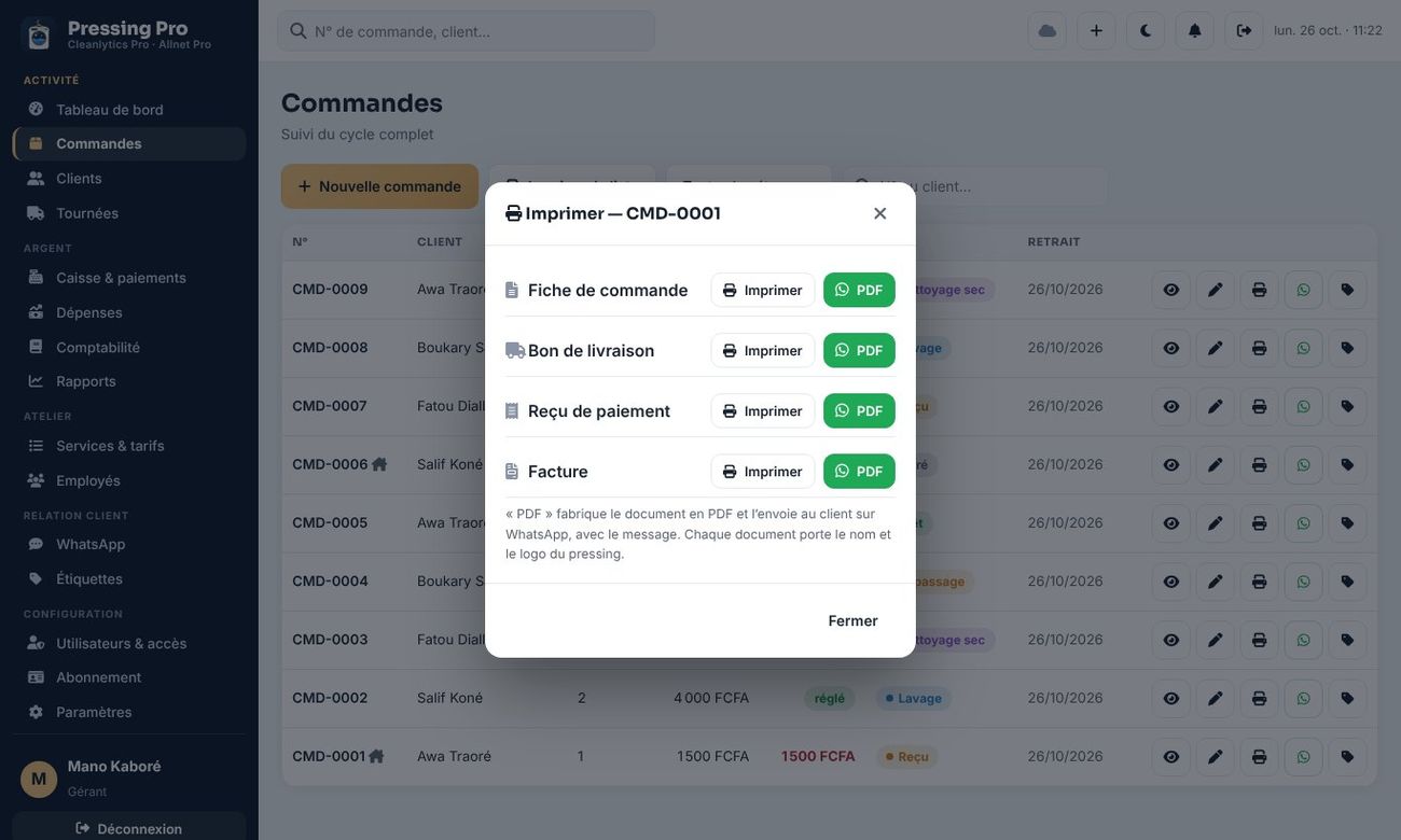 Chaque document : Imprimer, ou PDF envoyé sur WhatsApp.