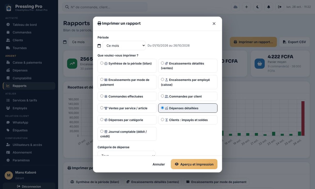 Choisir le rapport et la période, puis Aperçu et impression.