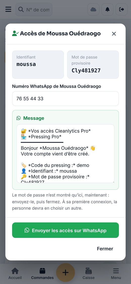 Les accès prêts à partir sur WhatsApp.